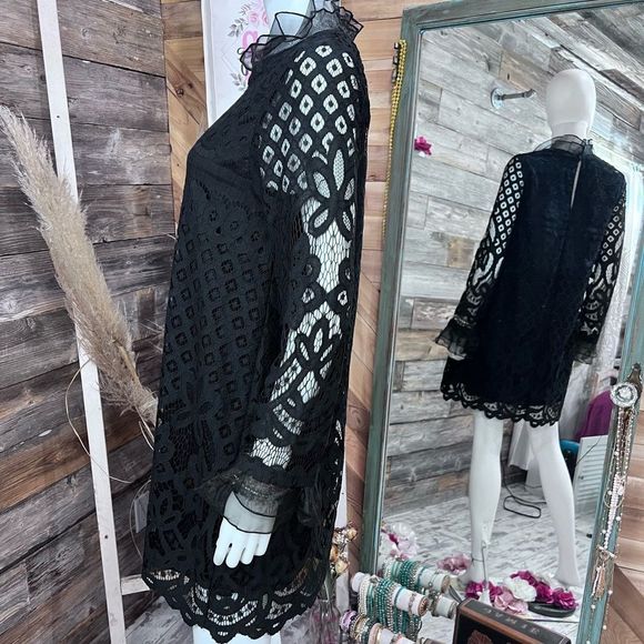 Loveriche Lace Long Sleeve Ruffled Shift Dress Black Medium 💗 - Picture 3 of 11